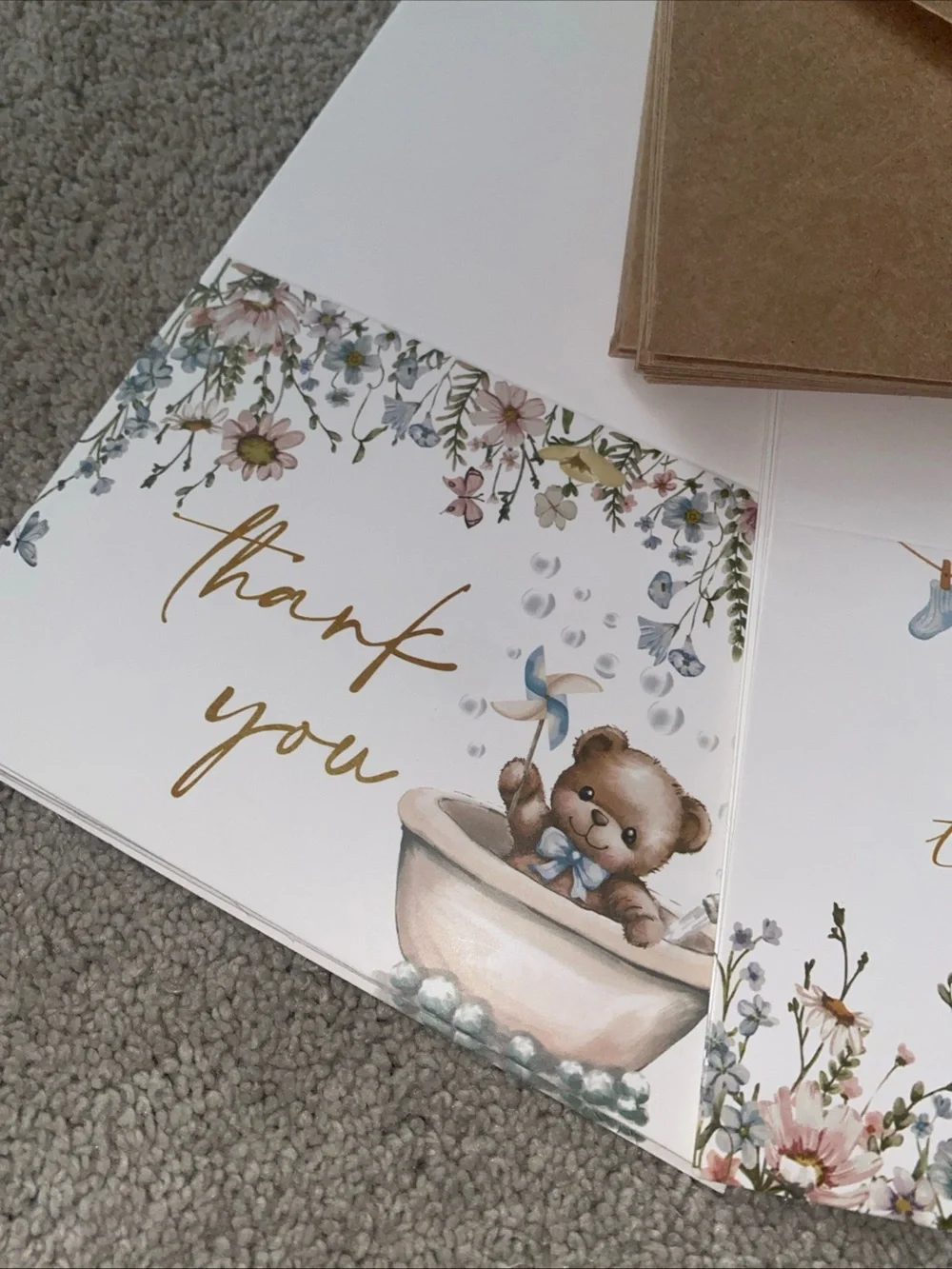 24 Baby Shower Thank‎ You Cards With Envelopes Teddy Bears Floral Brown Blue